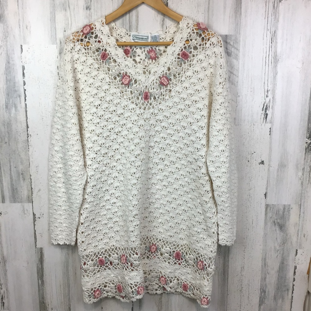 Vtg Hand Knit Shenanigans Crochet Pullover Dress Pink Roses Pearls Romantic M